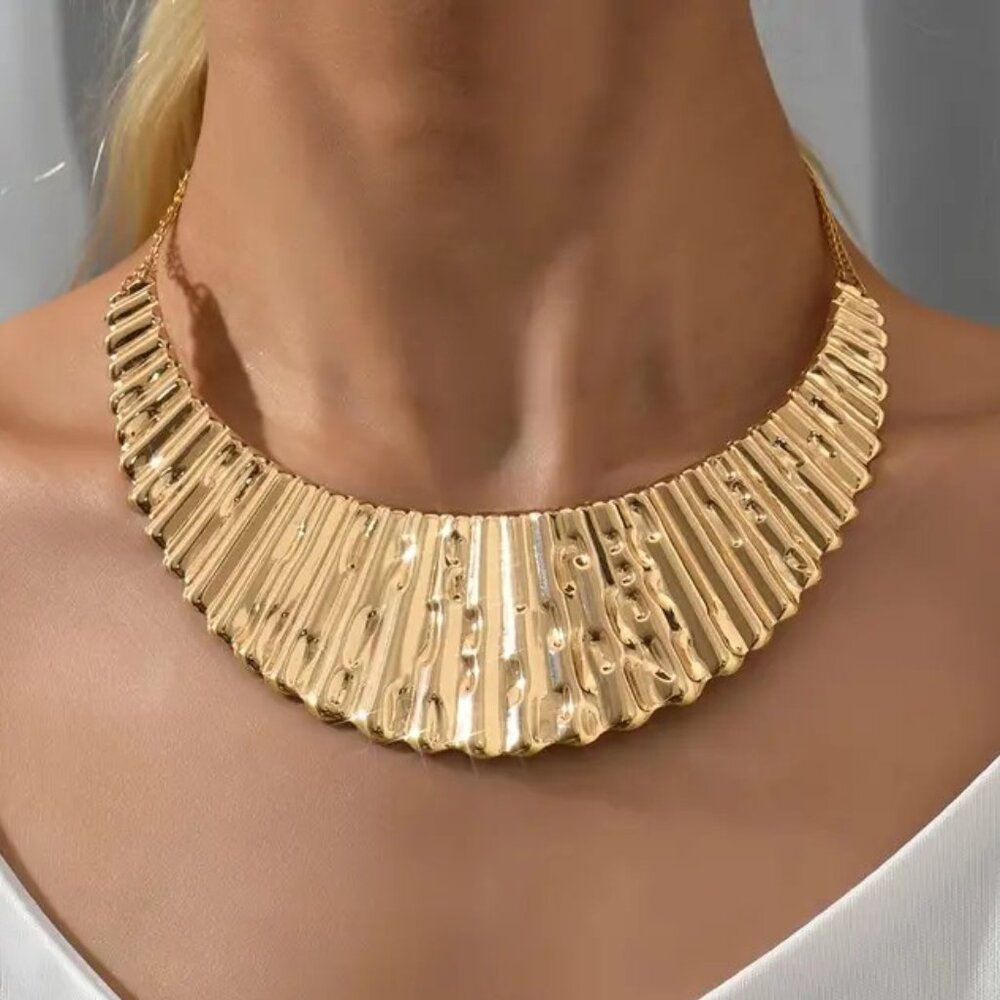 Necklace Collar Choker Bold Bib Gold Sexy Egyptian Ribbed Goddess Hollywood Glam